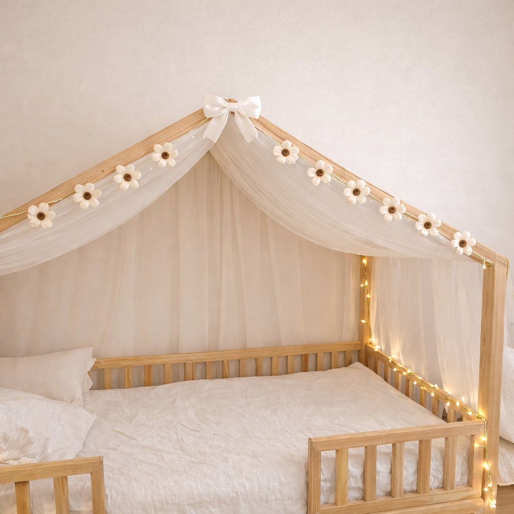 Guirlande de fleurs marron en laine feutrée sur un ciel de lit bébé
